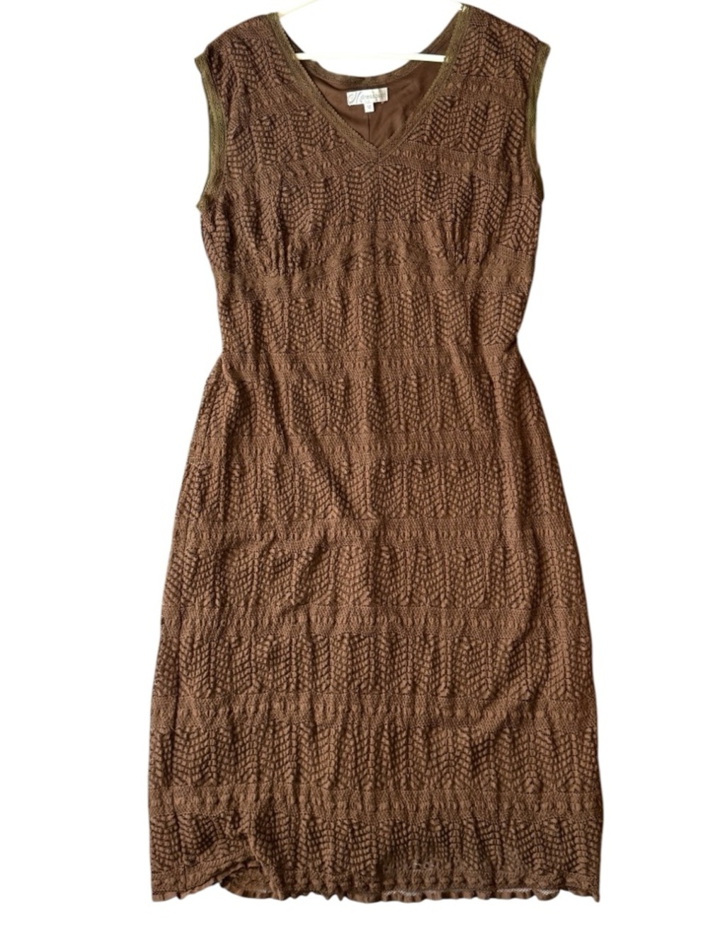 Brown Textured Lace Ribbon Midi Dress Boho Earthy Cottagecore Stretch Sleeveless